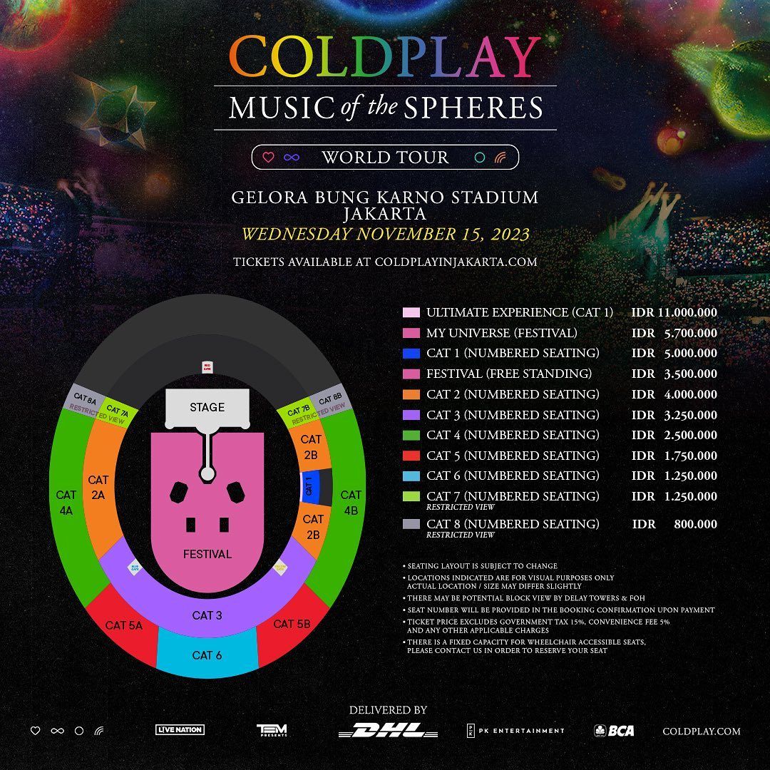 1. Ultimate Experience (Rp 11.000.000) 1 buah tiket untuk kursi CAT 1 senilai Rp 5.000.000 Tur belakang panggung sekali seumur hidup Akses panggung untuk berfoto dari tempat Coldplay akan tampil yang diambil oleh fotografer profesional Masuk ke lokasi konser melalui pintu khusus Mendapatkan merchandise khusus Mendapatkan hadiah berkelanjutan yang dirancang khusus Akses ke konter merchandise khusus 2. My Universe (Rp 5.700.000) 1 buah tiket Festival Free Standing senilai Rp 3.500.000 Masuk ke lokasi konser lebih awal Pintu masuk khusus ke tempat konser Mendapatkan hadiah berkelanjutan yang dirancang khusus Akses ke konter merchandise khusus